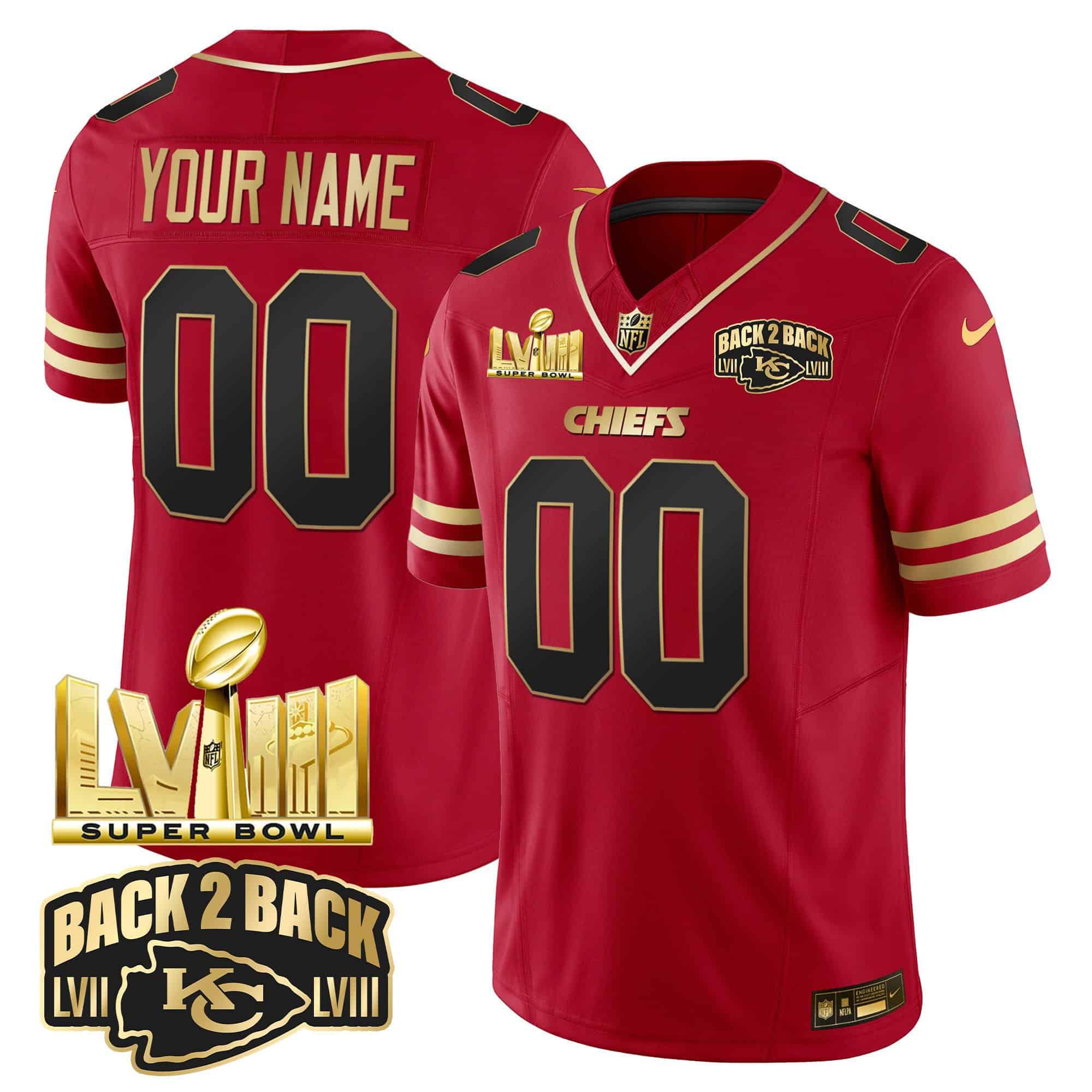 Men Kansas City Chiefs Red 2024 Nike Super Bowl LVIII & Back-2-Back Gold Patch Vapor Custom NFL Jersey style 1